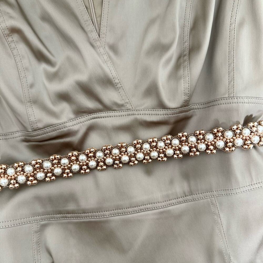 Kay Unger Champagne Satin Embellished Pearl Belt Sleeveless Midi Dress Size 12 - Picture 3 of 10